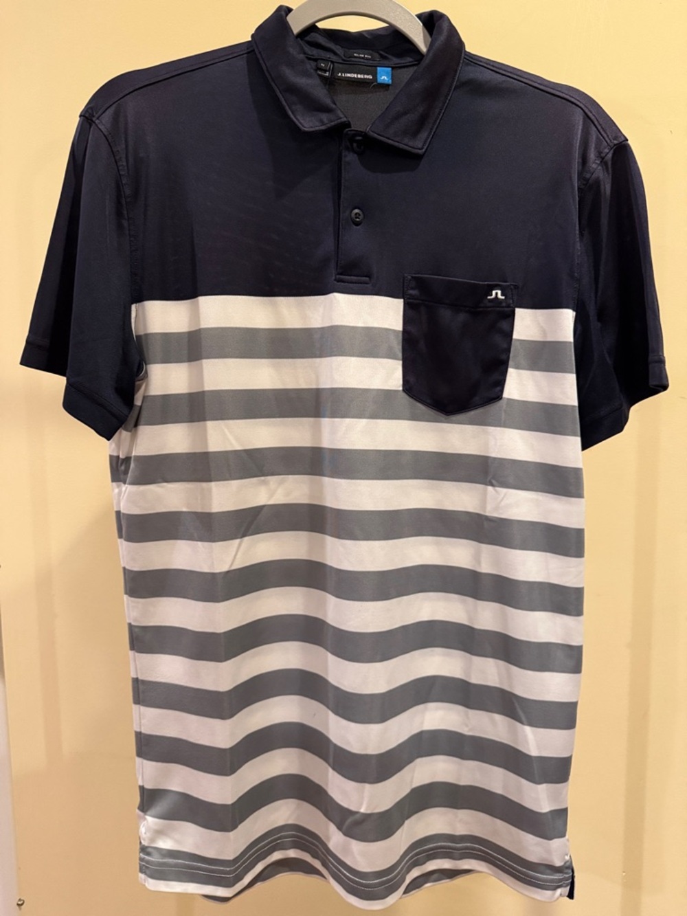 J.Lindeberg Men's Navy and Gray Striped Polo Shirt